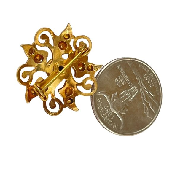 Vintage Gold Tone Floral Brooch With Purple & Clear Rhinestones For Women - Picture 3 of 6